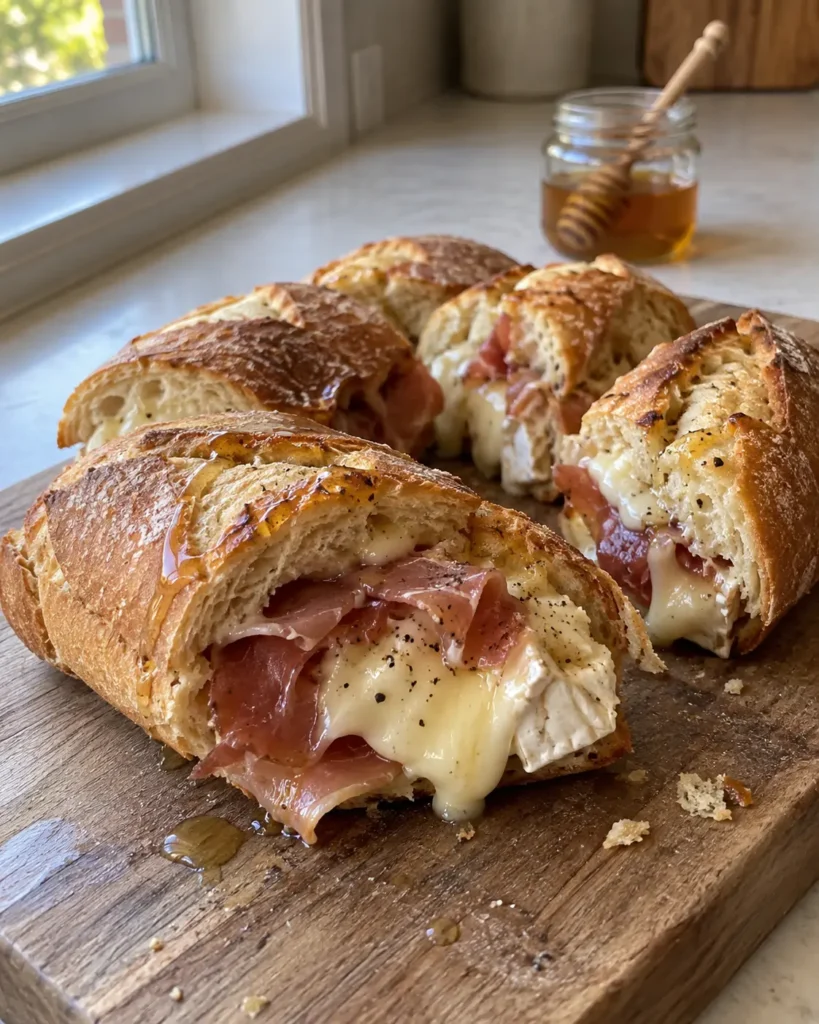 Prosciutto and Honey Brie Baguette sliced into portions on a wooden cutting board with melted brie and honey drizzle
