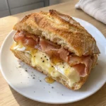 A single portion of Prosciutto and Honey Brie Baguette on a white plate showing melted brie and prosciutto
