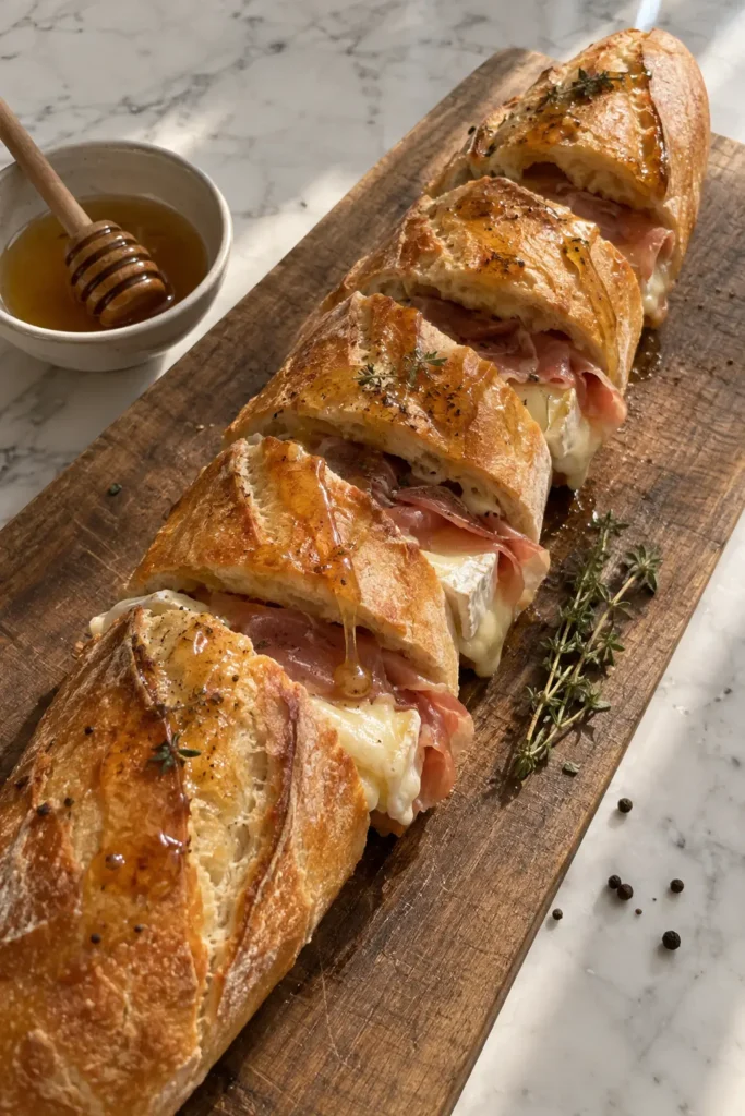 Prosciutto and Honey Brie Baguette sliced on a wooden serving board with honey and fresh thyme