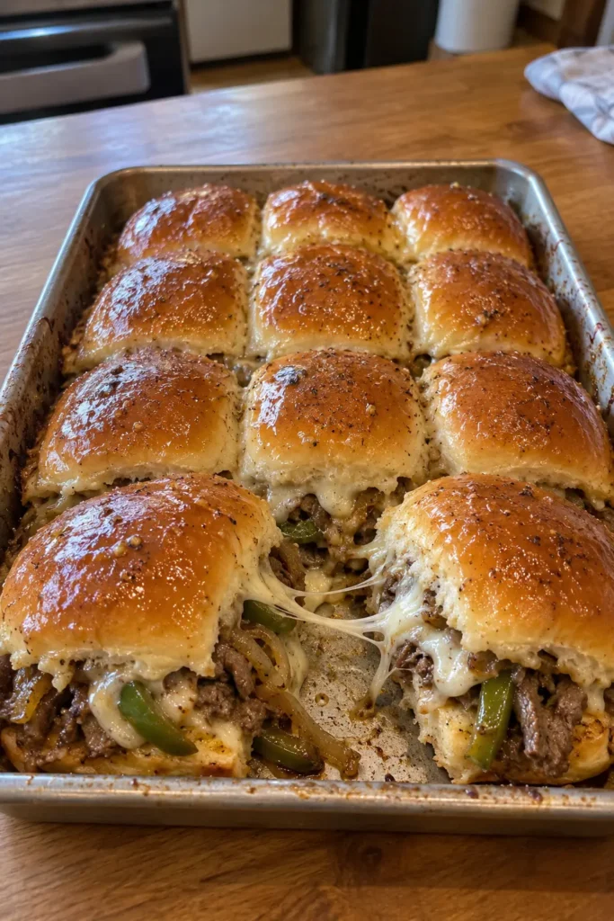 Pull-apart Philly cheesesteak slider buns with stretchy melted cheese and seasoned beef