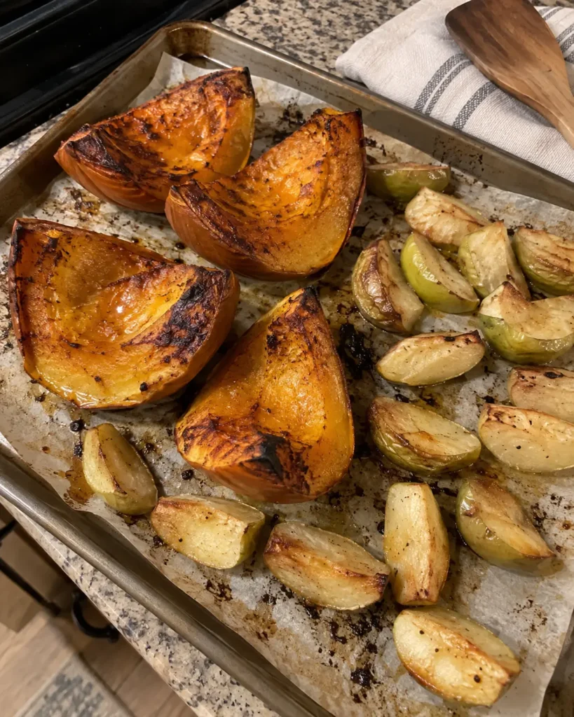 Roasted sugar pumpkin and apple wedges on a baking sheet for creamy roasted apple pumpkin soup