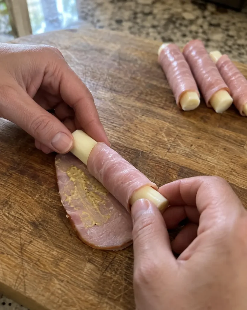 Hands rolling deli ham around a mozzarella string cheese stick on a cutting board