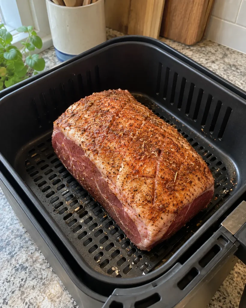 Seasoned pork loin roast with a scored fat cap sitting in an air fryer basket