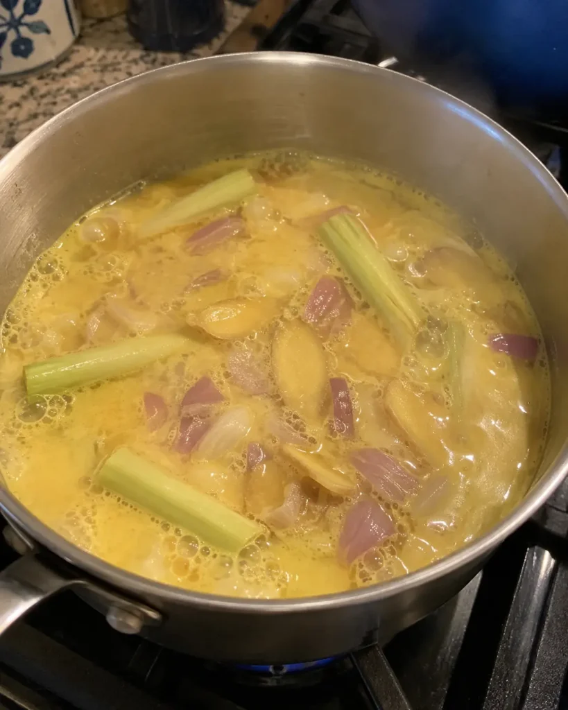 Golden coconut-lemongrass broth simmering in a saucepan with lemongrass stalks, shallots, and ginger