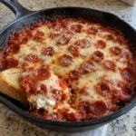 Close-up of Skillet Pizza Dip with creamy cheese, pizza sauce, mozzarella, and pepperoni layers
