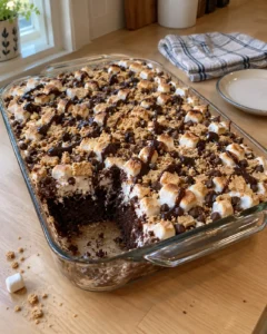 S'mores poke cake with toasted marshmallows, graham cracker crumbs, and hot fudge drizzle in a 9 by 13 glass baking dish