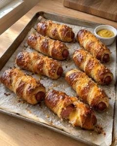 Soft baked cheesy pretzel dogs on a parchment-lined baking sheet with golden crust and melted cheddar