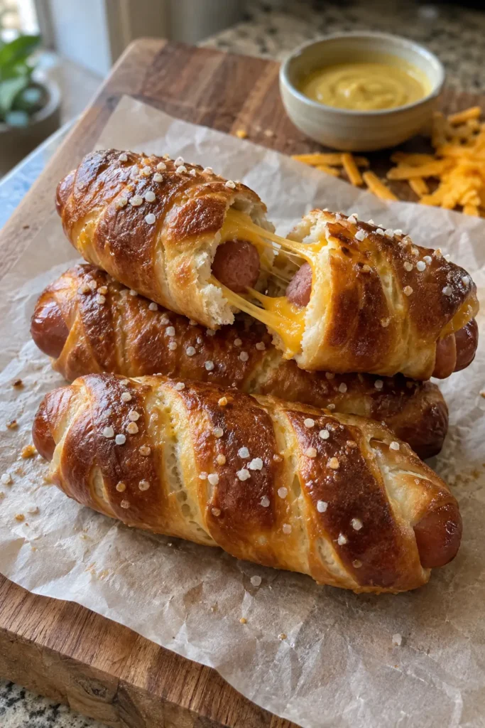 Stacked soft baked cheesy pretzel dogs on a wooden cutting board with stretchy melted cheese