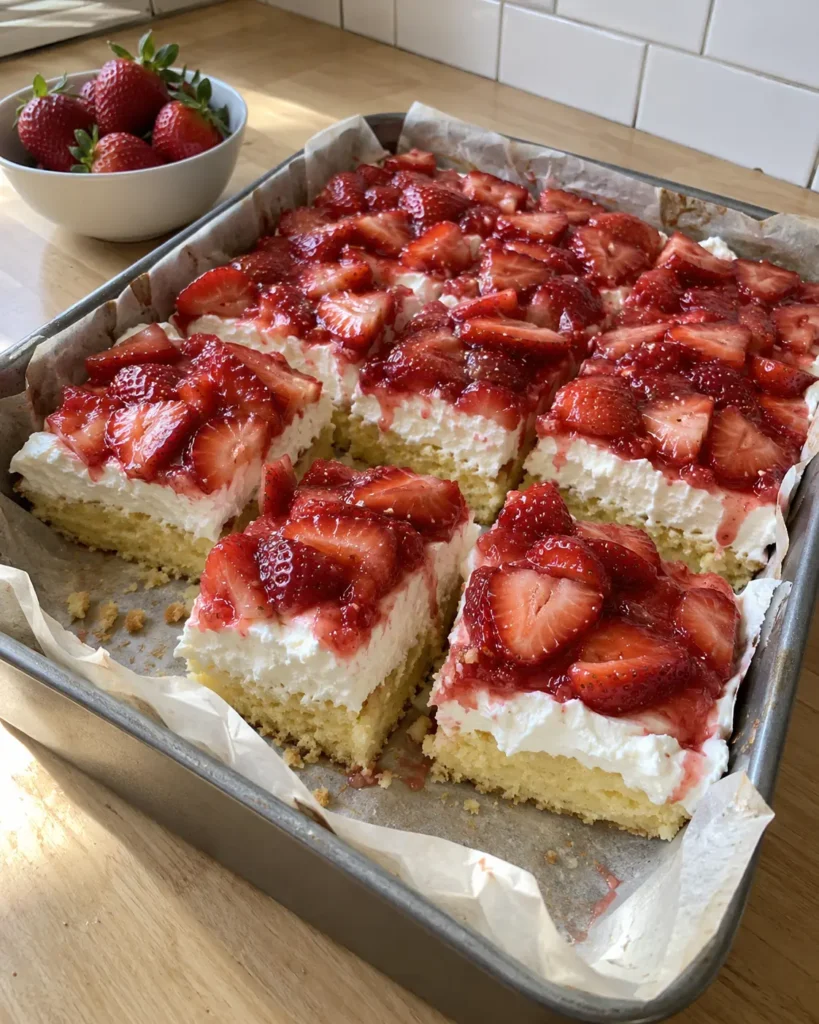 Strawberry shortcake bars cut in a parchment-lined pan showing vanilla cake, cream frosting, and fresh strawberry layers