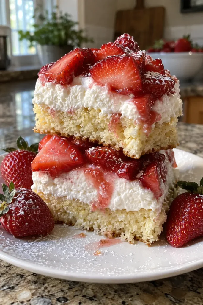 Stacked strawberry shortcake bars with whipped frosting and fresh berries on a white plate