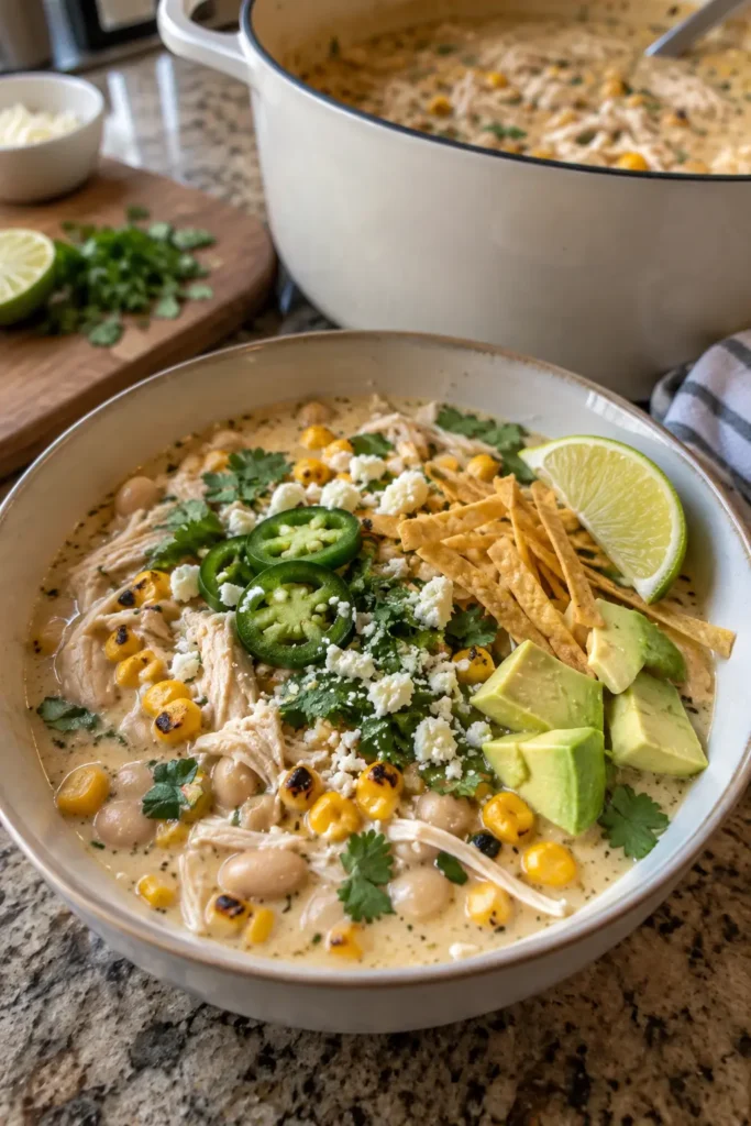 Easy Street Corn White Chicken Chili served in a large bowl with fresh toppings