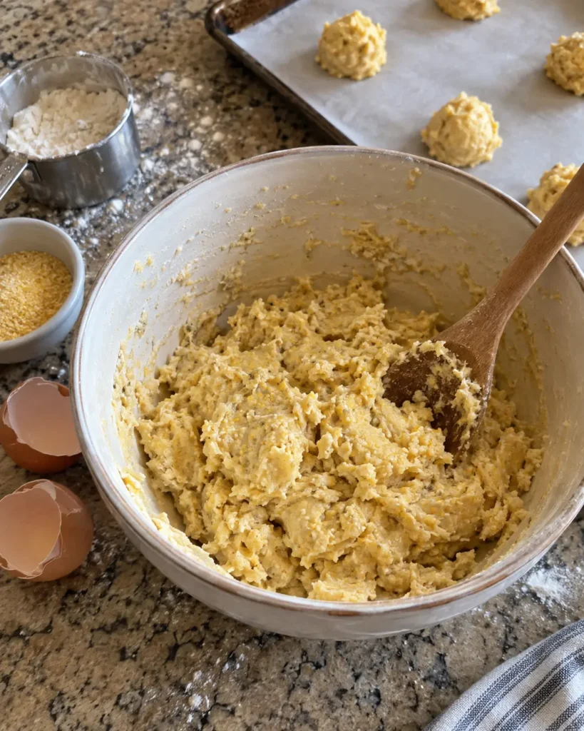 Cornmeal cookie dough in a mixing bowl with scooped dough balls on a baking sheet