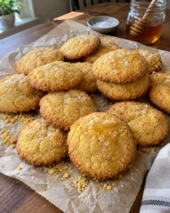 Sweet cornbread cookies with honey drizzle and flaky sea salt on parchment paper