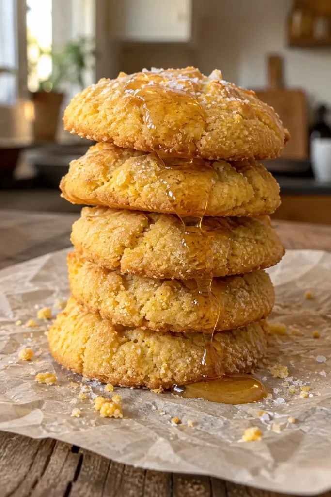 Stack of sweet cornbread cookies with honey and sea salt on a rustic table