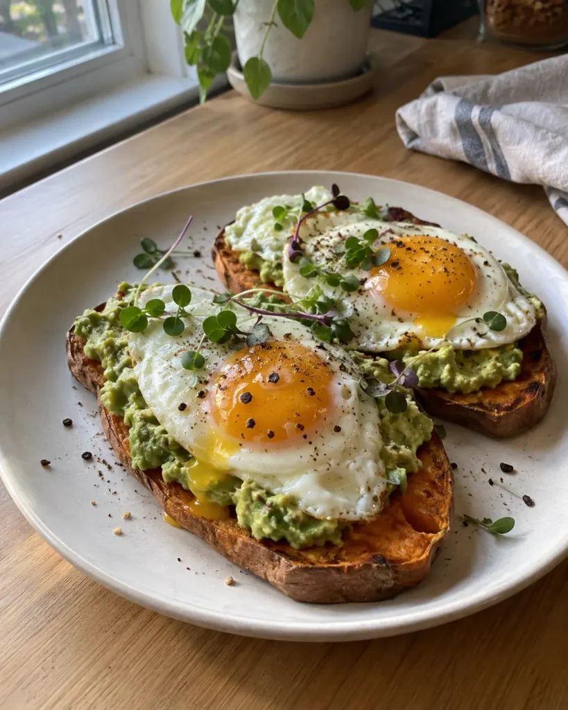 Sweet potato avocado toast topped with a fried egg and microgreens on a white plate