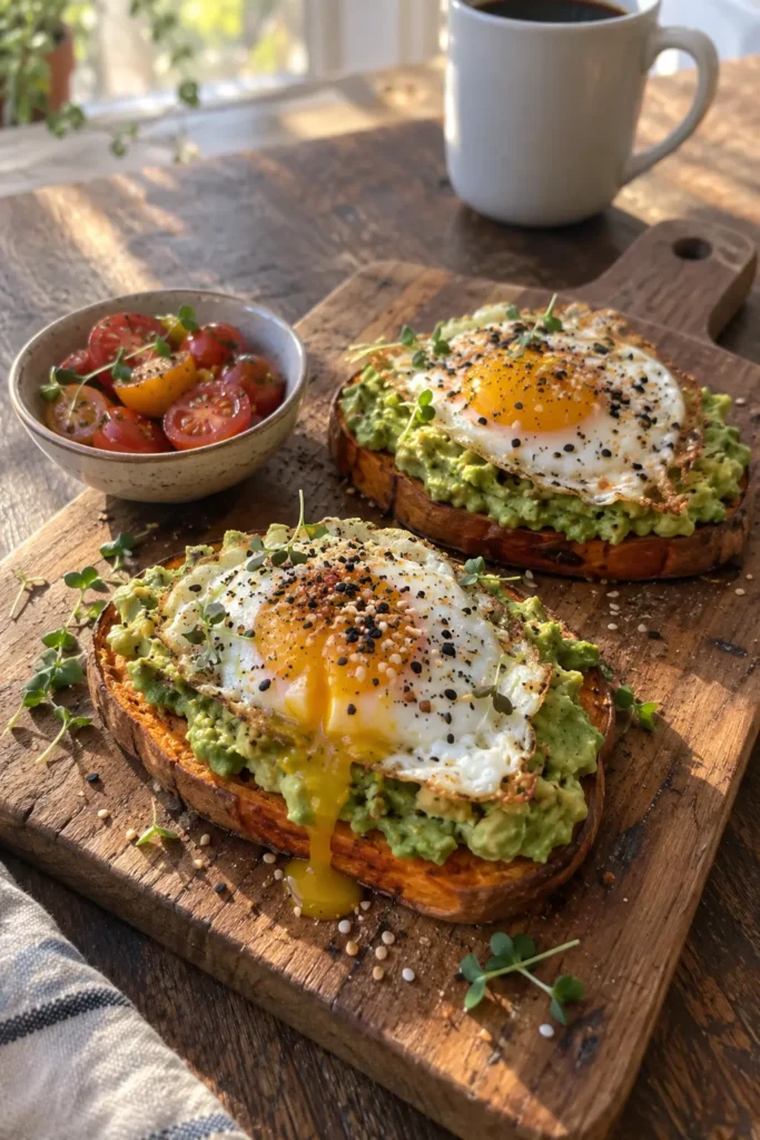 Sweet potato avocado toast on a wooden cutting board with cherry tomatoes and coffee