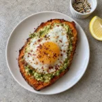 Overhead view of a single sweet potato toast slice with avocado and a fried egg