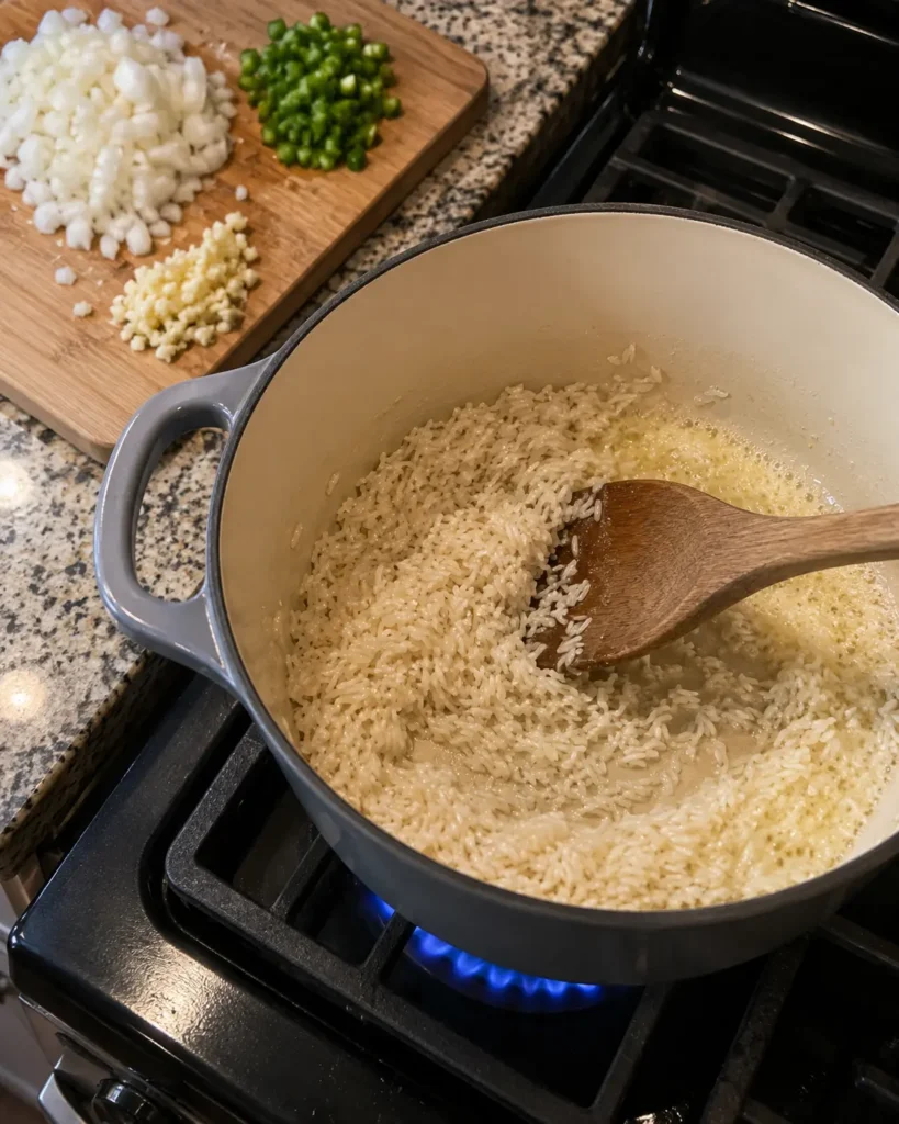 Toasting white rice in butter and olive oil in a pot with diced jalapeño and onion ready on the side