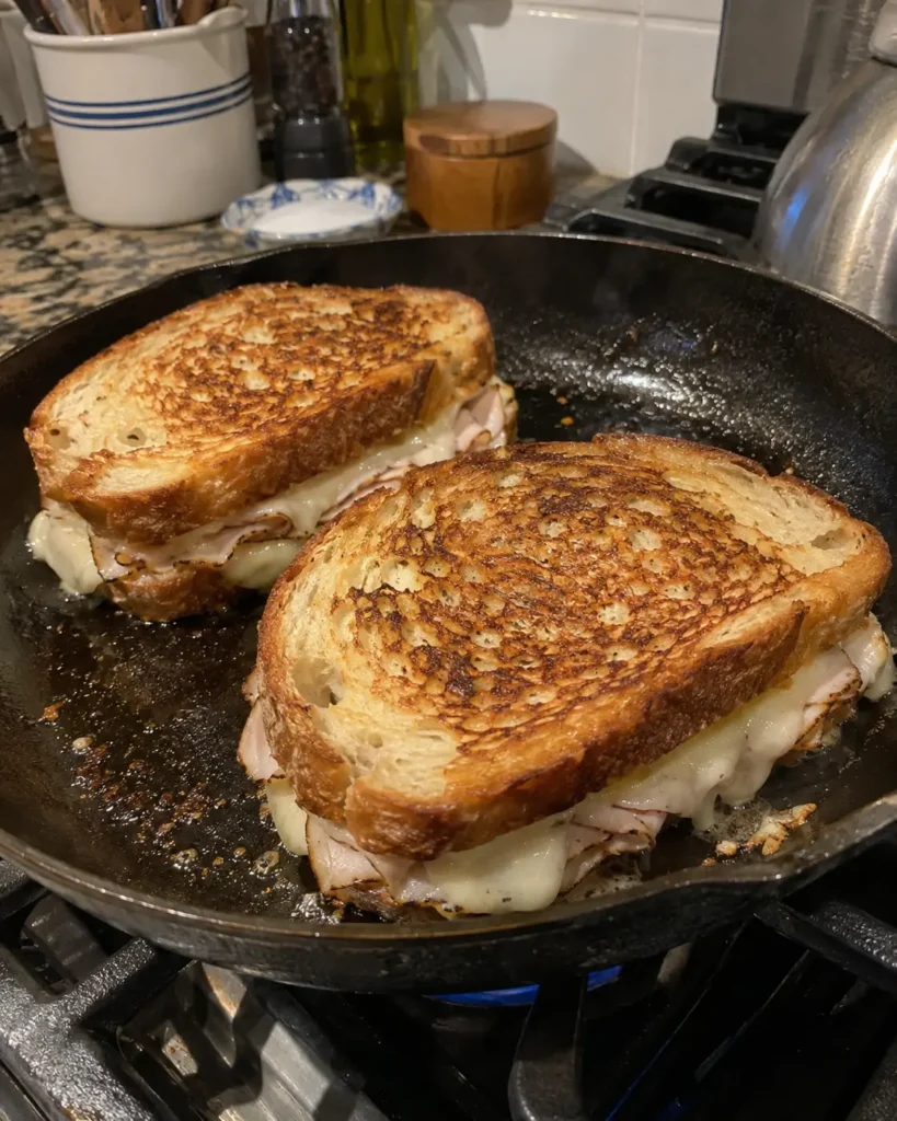 Turkey Dijon melt sandwiches cooking in a skillet with golden bread and melting cheese