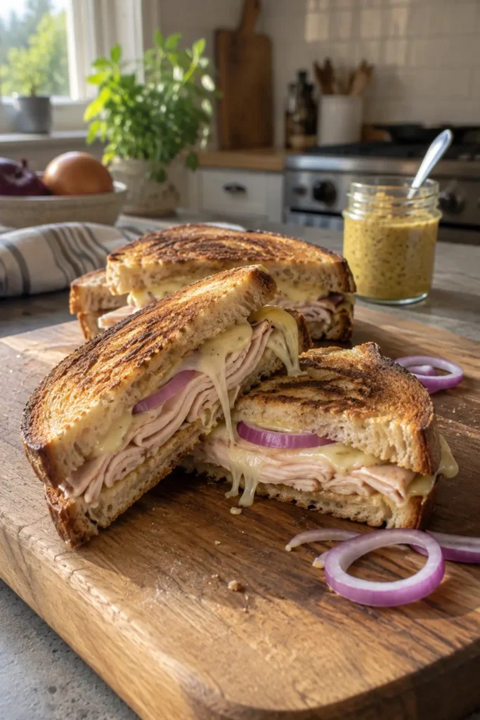 Two 15-Minute Turkey Dijon Melt Sandwiches stacked on a wooden cutting board with melted cheese.