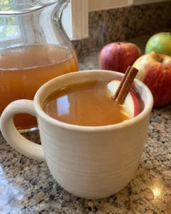 Homemade Apple Cider served warm with a cinnamon stick and fresh apple slice