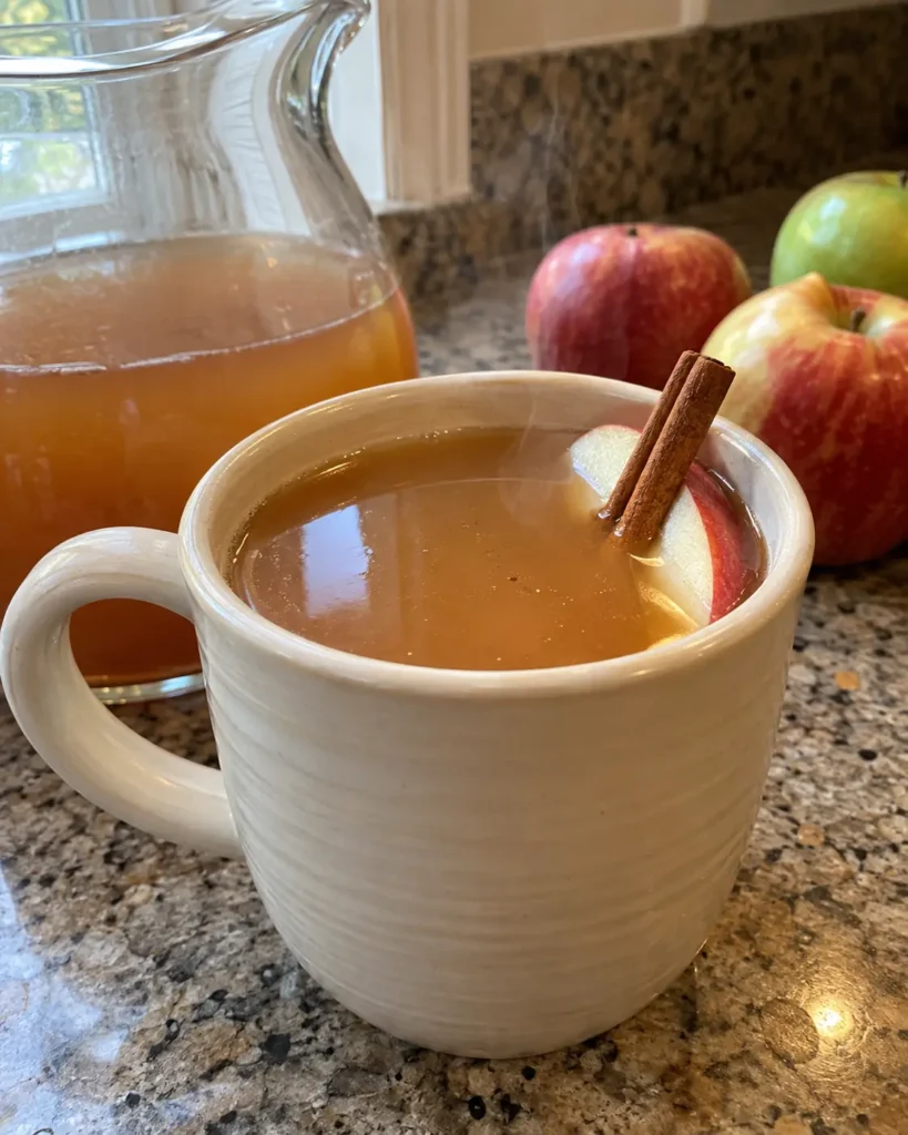 Homemade Apple Cider served warm with a cinnamon stick and fresh apple slice