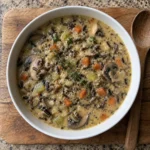 Overhead view of creamy wild rice soup with mushrooms and vegetables in a white bowl