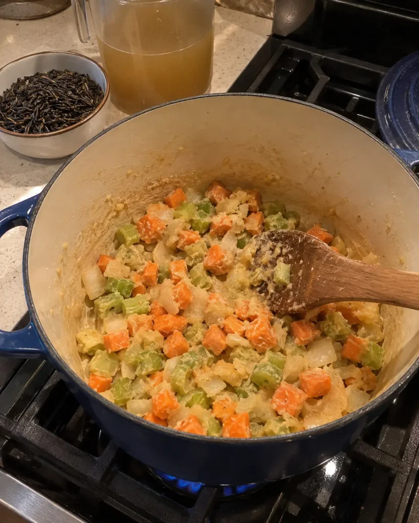 Sautéed vegetables coated in a golden flour roux in a Dutch oven for wild rice soup
